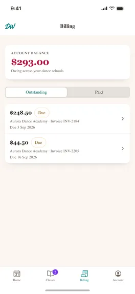 The app showing a family's invoices and balance