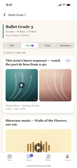 The app showing choreography videos and music shared with a class
