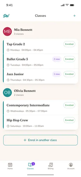 The Dance World app showing a dancer's classes