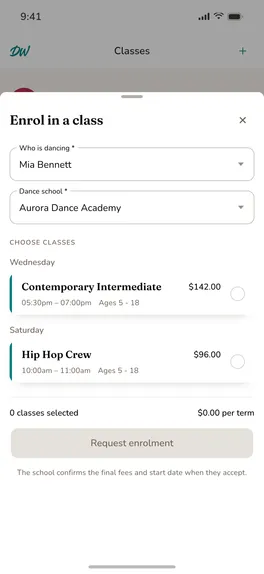 The app's enrolment screen, choosing a class for a dancer