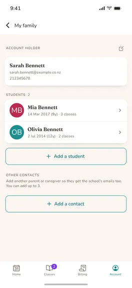 The app showing every dancer on a family's account