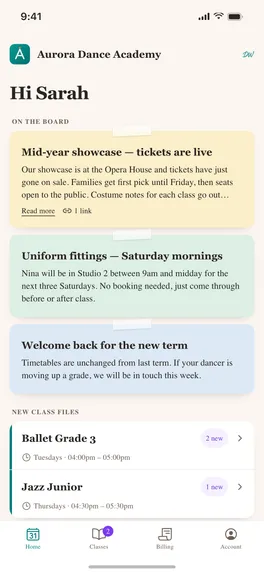 The Dance World app showing a studio's notice board