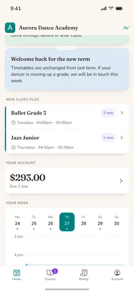 The Dance World app showing the week's classes